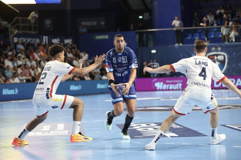 Match de handball, joueurs en action sur le terrain.