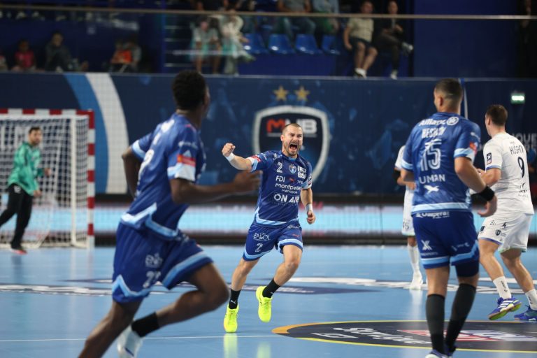 Joueur de handball en pleine action sur le terrain.