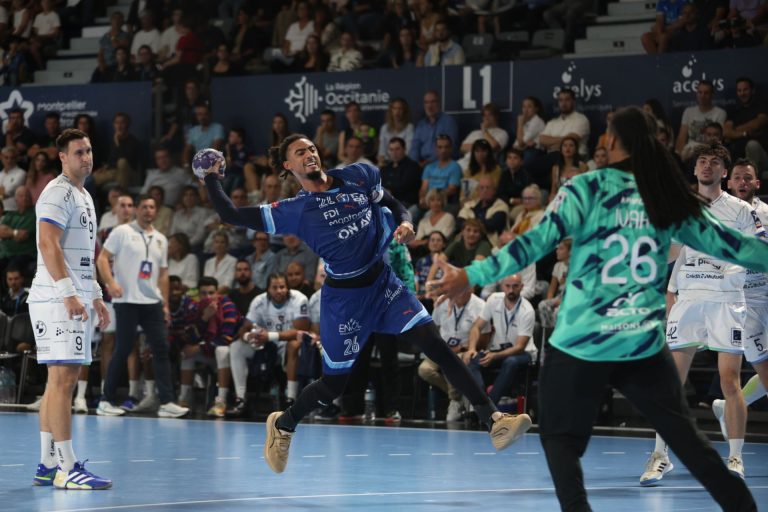 Match de handball en action avec joueurs et public.