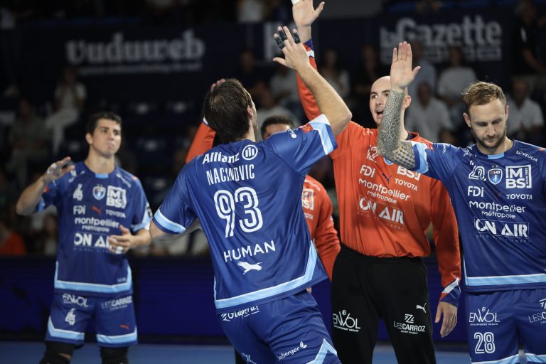 Joueurs de handball célébrant un but.
