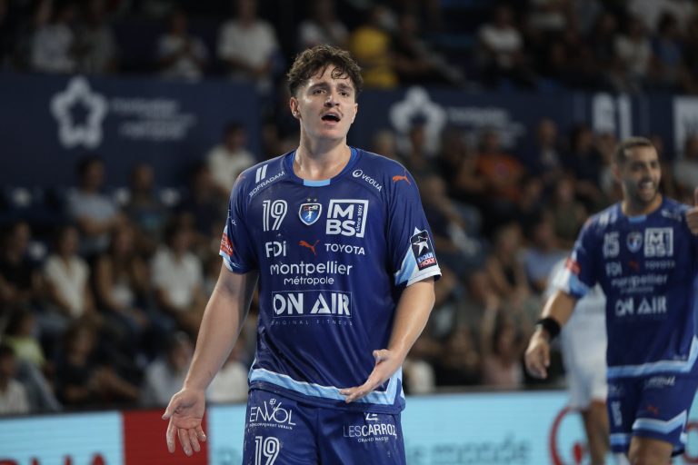 Joueur de handball en maillot bleu sur le terrain.