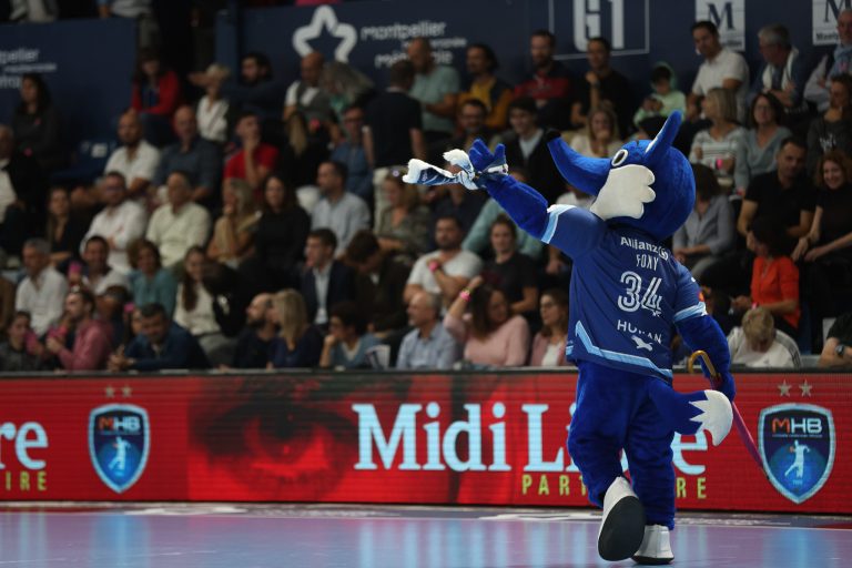 Mascotte renard animant le public lors du match.