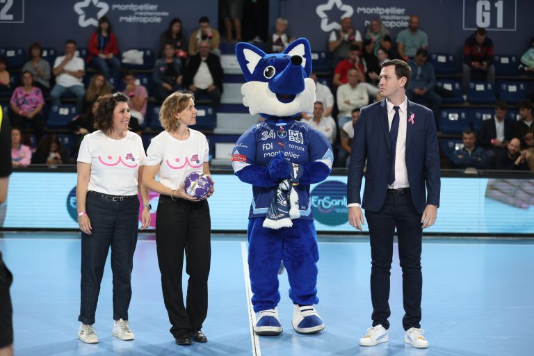 Mascotte bleue et officiels sur le terrain de handball.