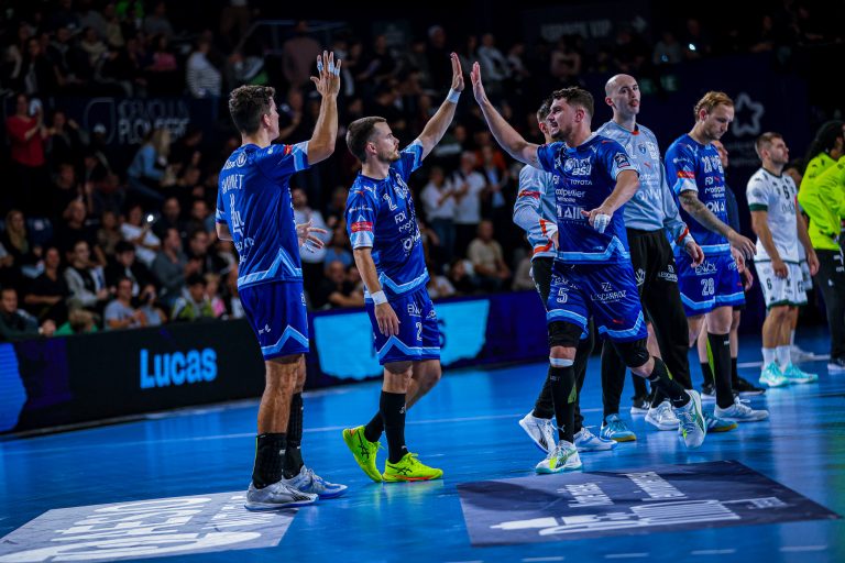 Joueurs de handball se félicitant après un match.