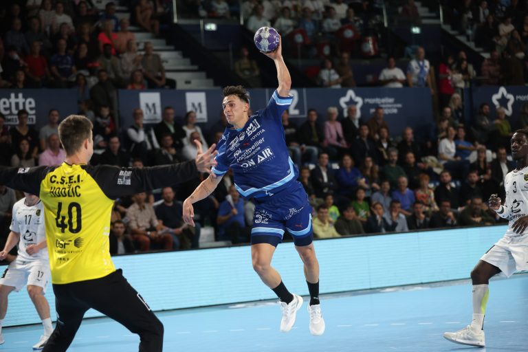 Joueur de handball en action sur le terrain.