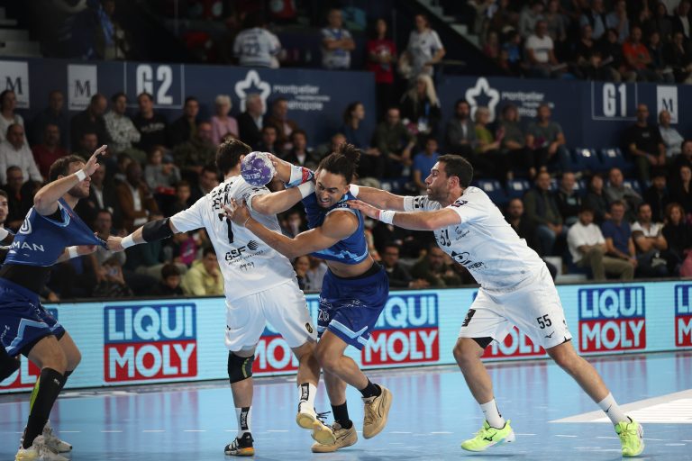Match de handball dynamique en cours d'action.