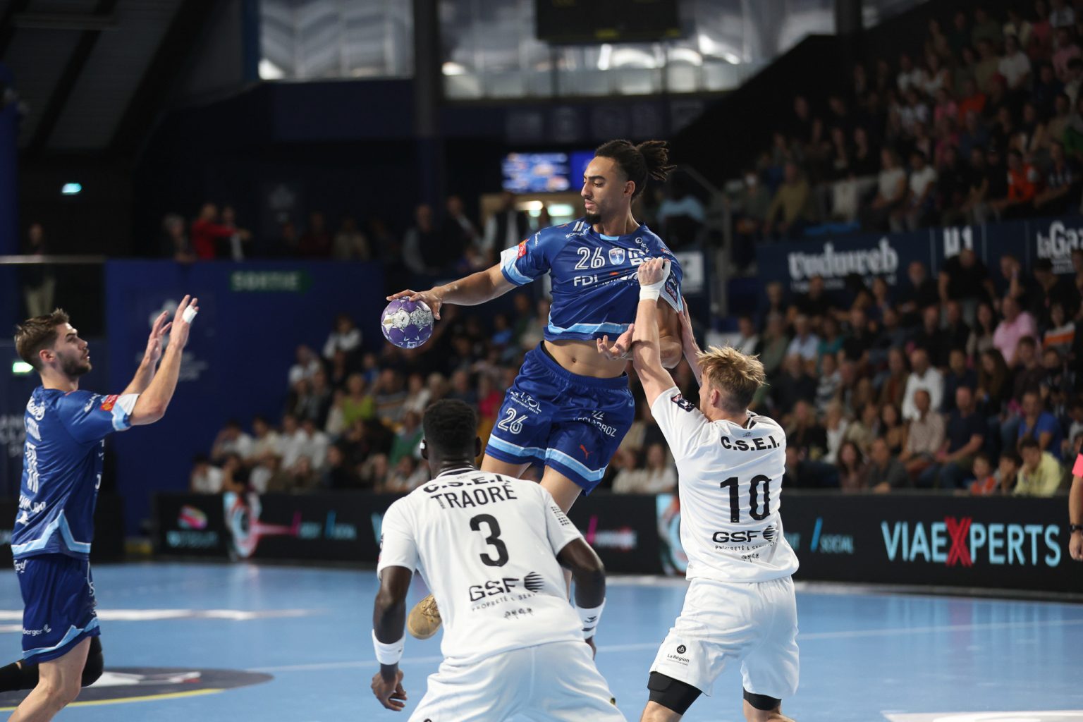 Match de handball en cours, joueurs en action.