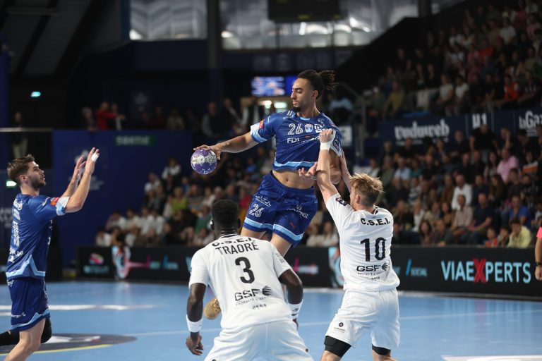 Match de handball en cours, joueurs en action.