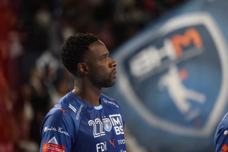 Joueur de handball en maillot bleu sur le terrain.