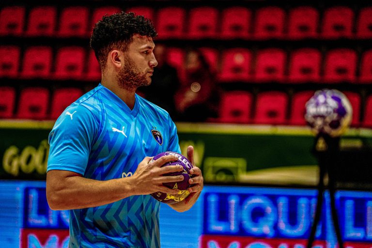 Joueur de handball tenant un ballon en match.