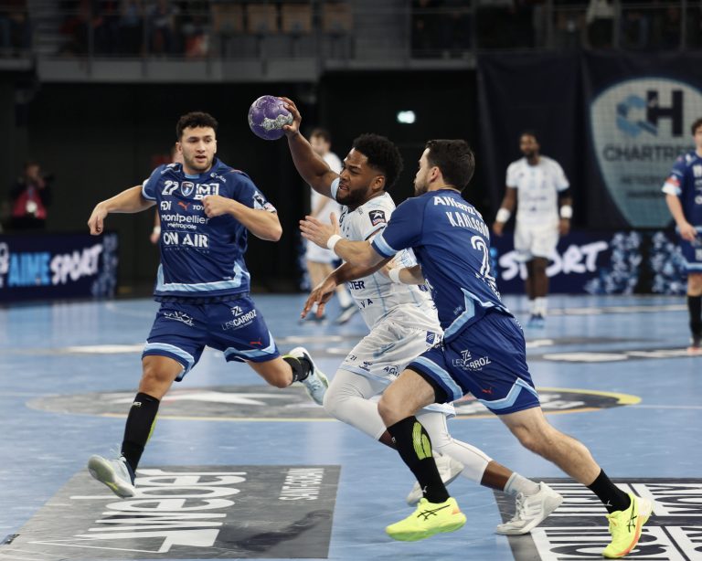 Match de handball intense en cours.