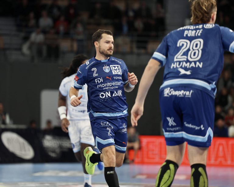 Joueurs de handball en action sur le terrain.