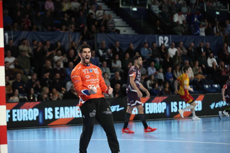 Joueur de handball célébrant un but sur le terrain.