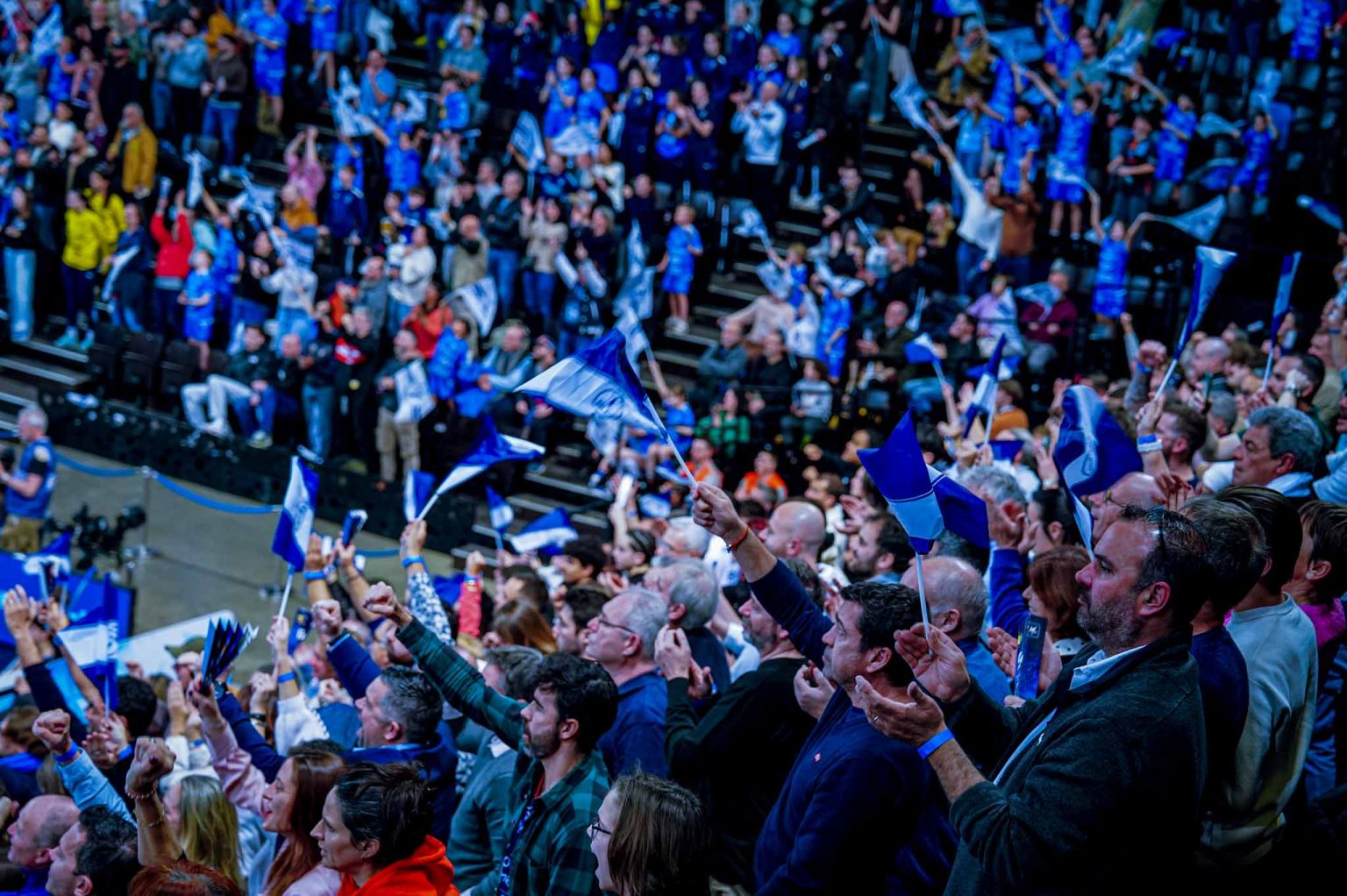 Supporters enthousiastes avec drapeaux dans une foule sportive.