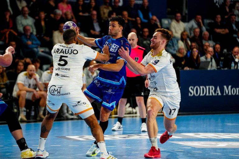 Match de handball en cours d'action.