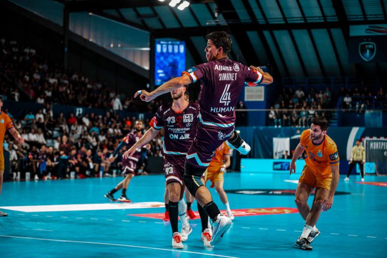 Match de handball en cours sur le terrain.