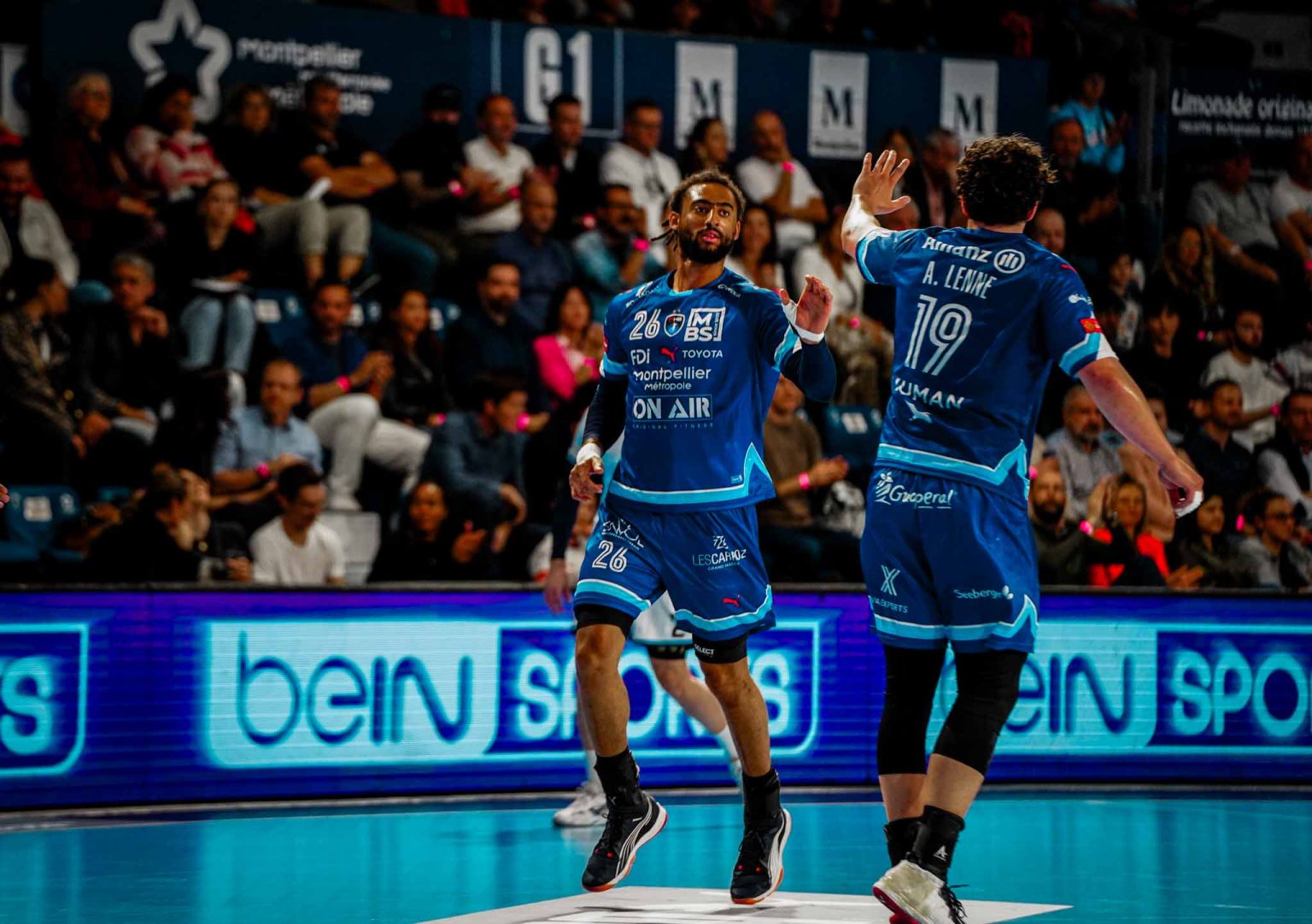 Joueurs de handball célébrant sur le terrain.