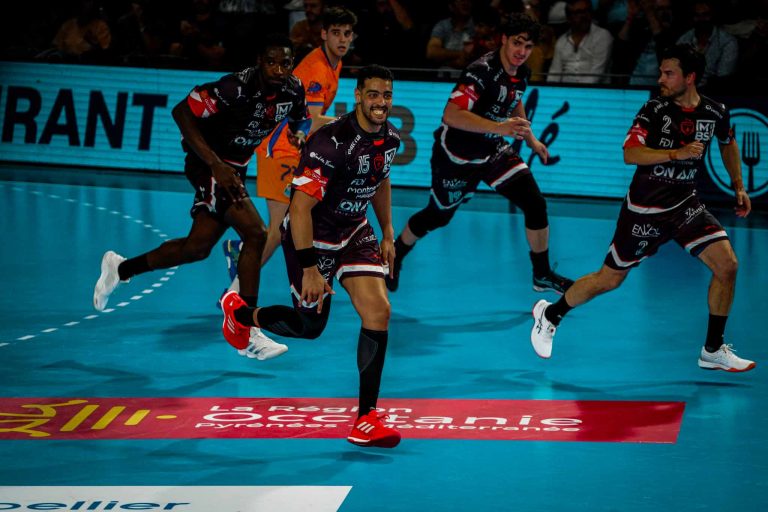 Joueurs de handball en action sur le terrain.