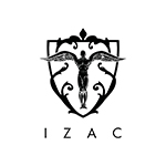 Logo noir avec ange sur écusson, texte Izac.