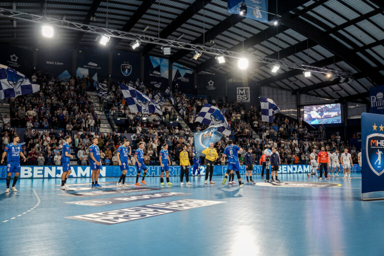 Match de handball, équipe en bleu sur le terrain.