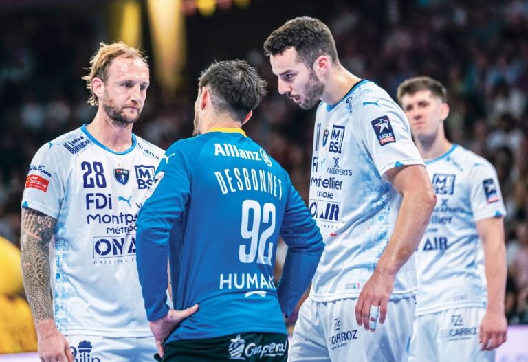 Joueurs de handball discutant sur le terrain.