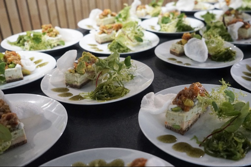 Assiettes de cuisine gastronomique avec salades et entrées.